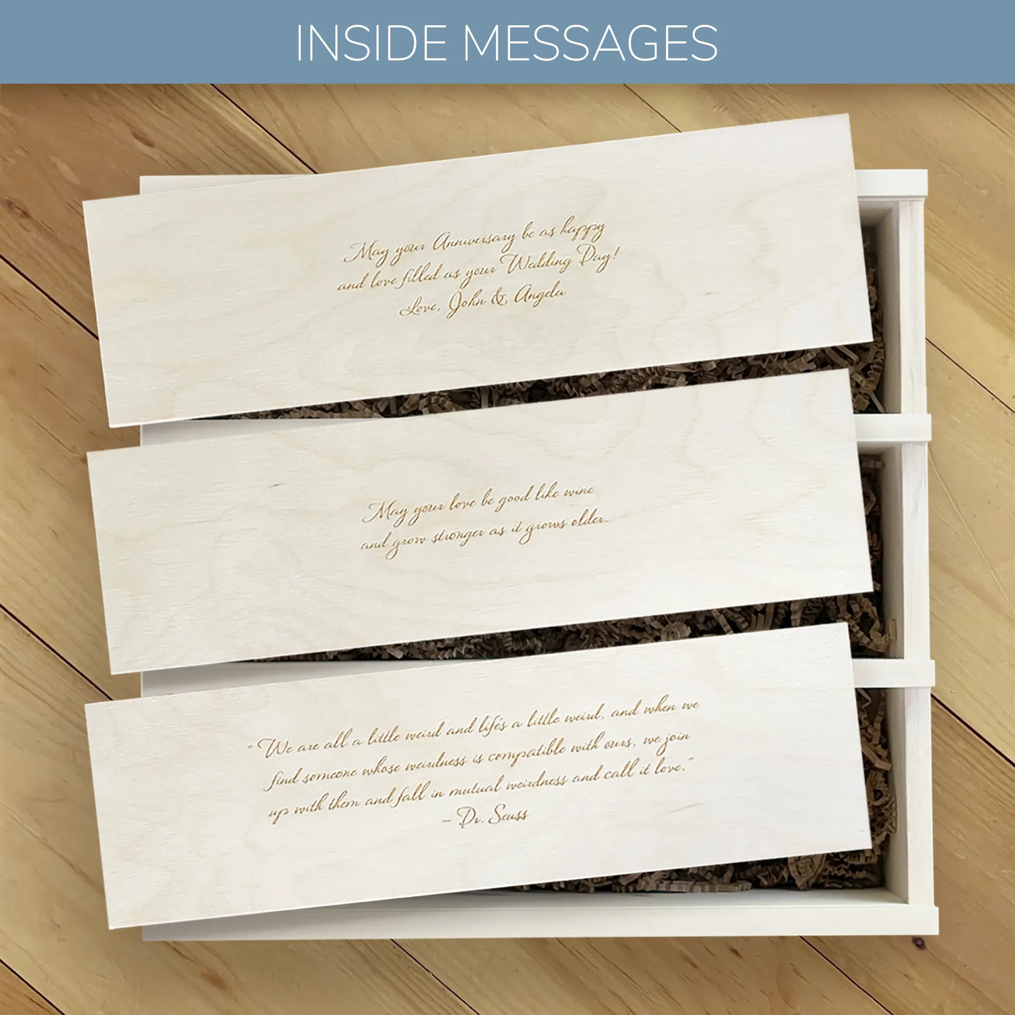 Engraved Anniversary Wine Box inside lid messages