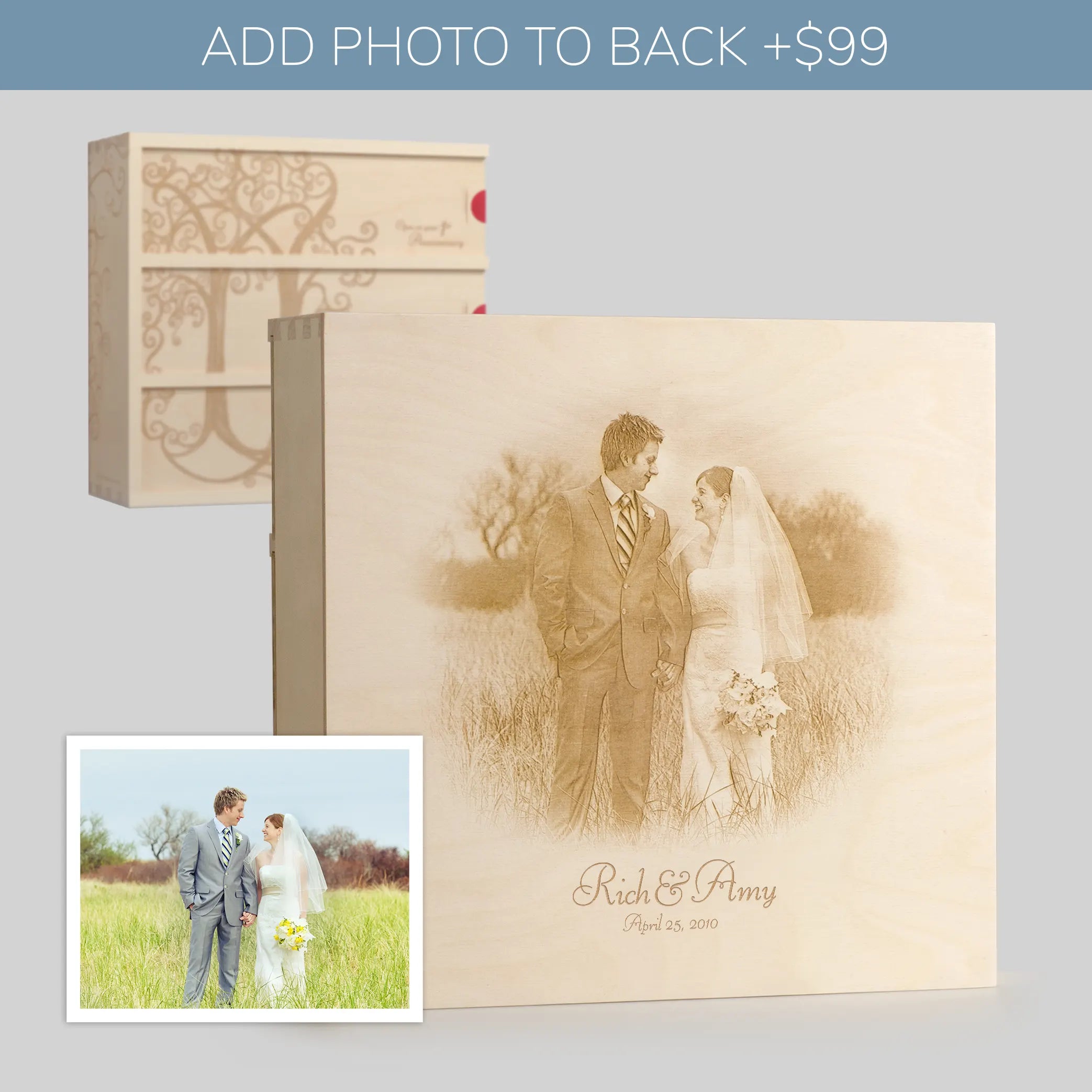 Photo engraved on back of Anniversary Wine Box