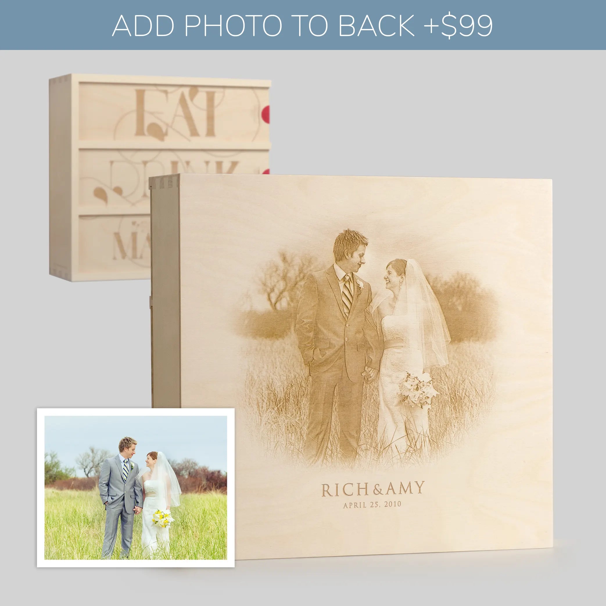 Photo engraved on back of Anniversary Wine Box