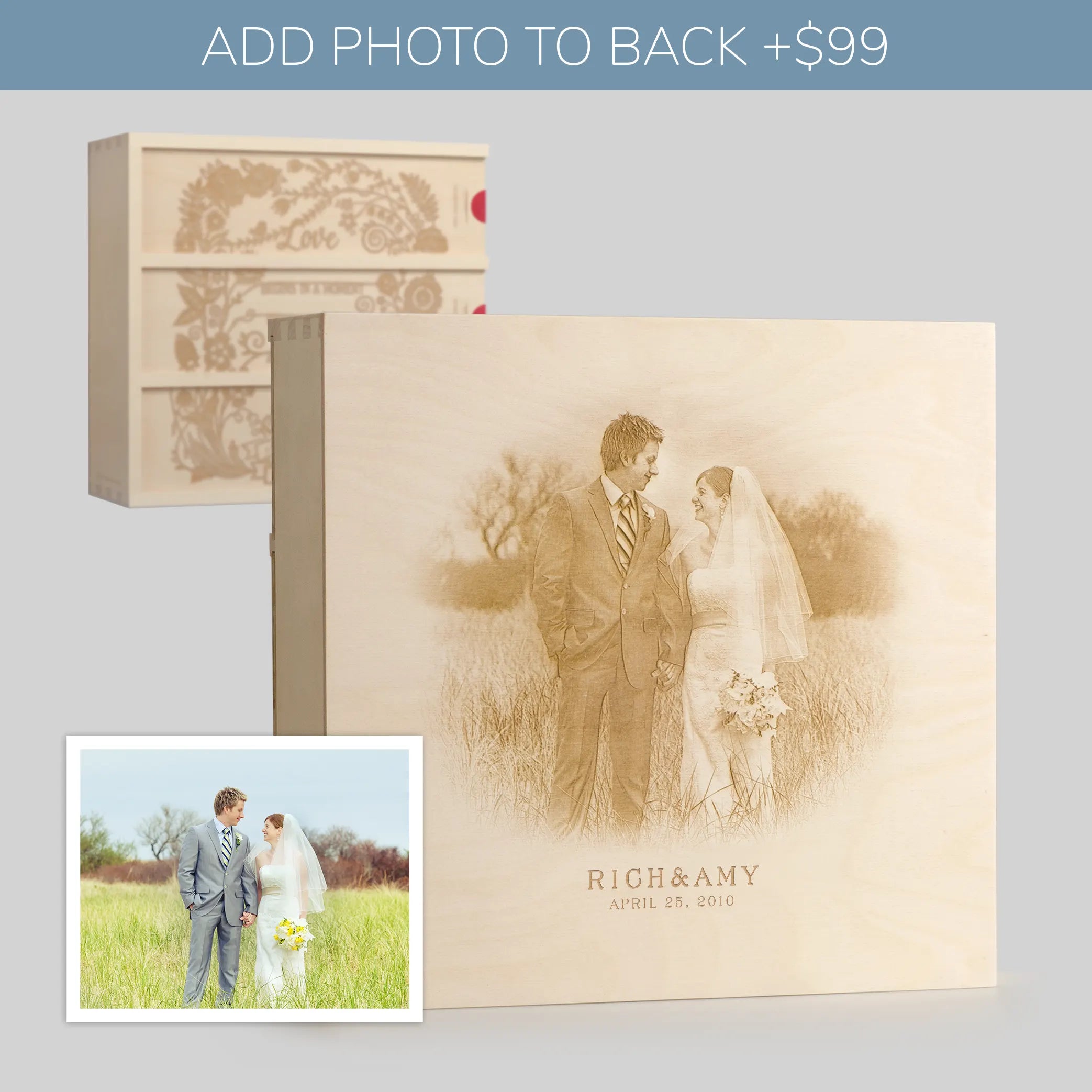 Photo engraved on back of Anniversary Wine Box