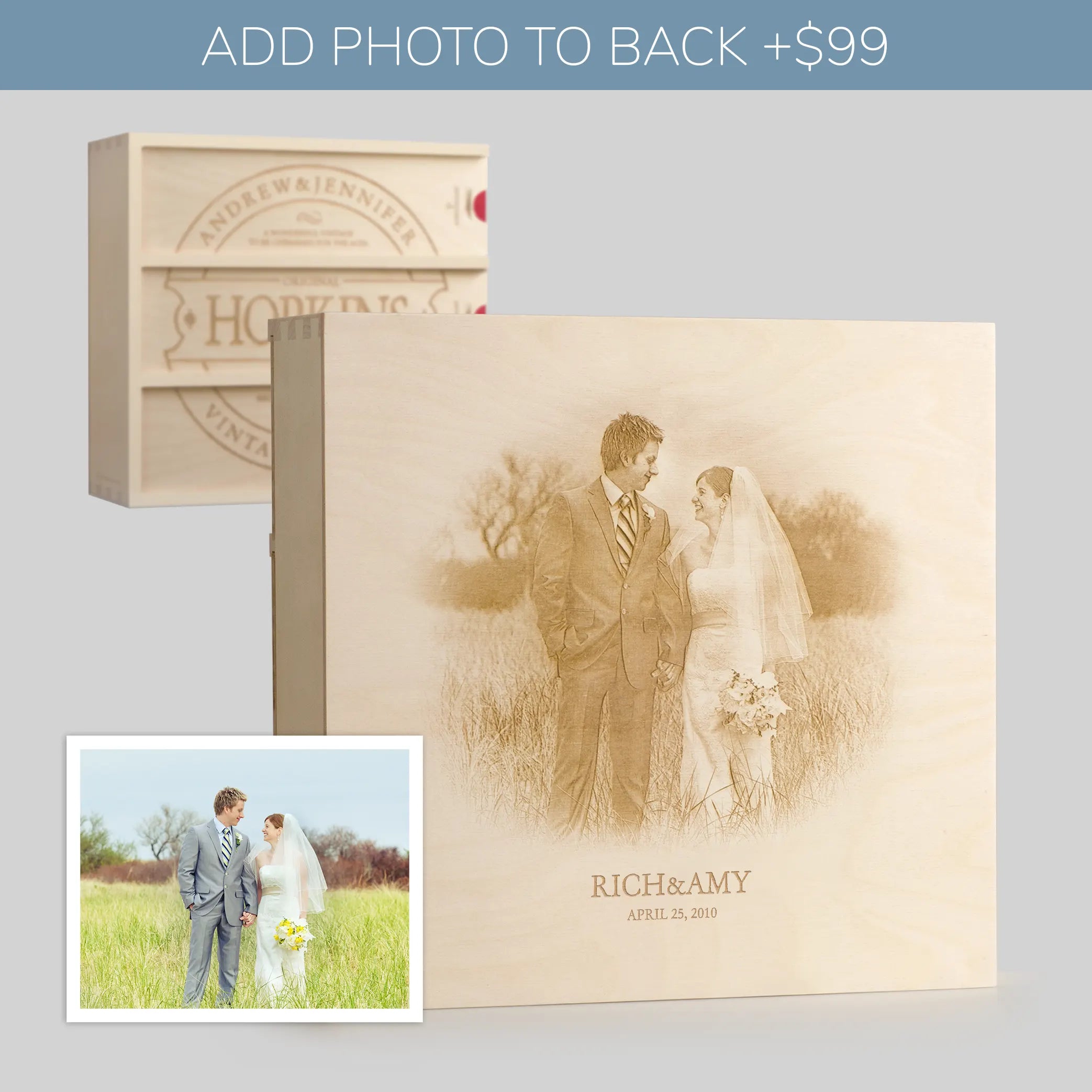 Photo engraved on back of Anniversary Wine Box