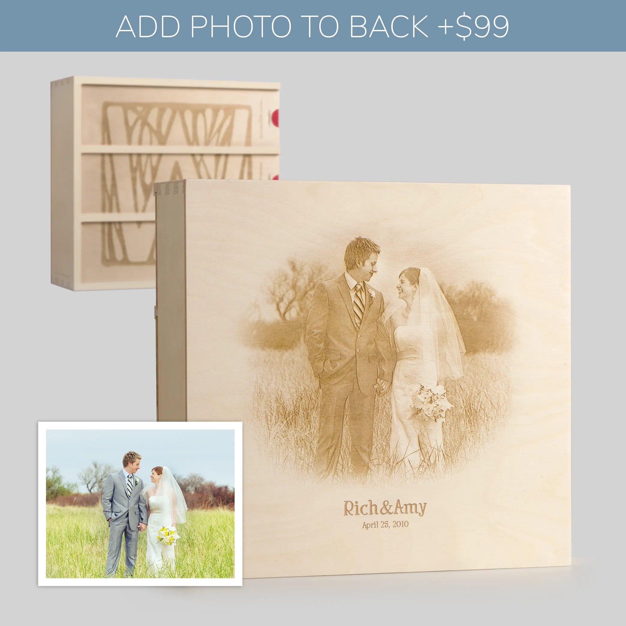 Photo engraved on back of Anniversary Wine Box