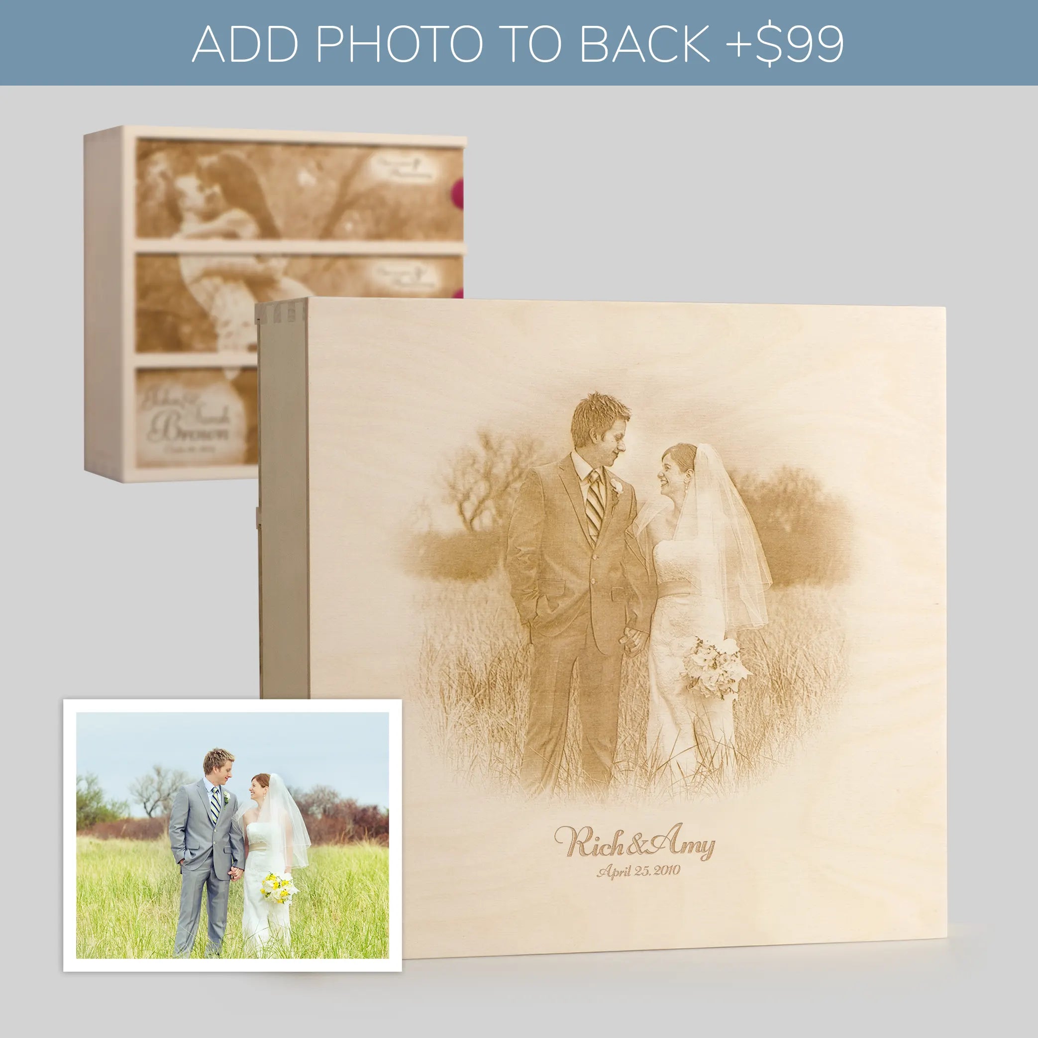 Photo engraved on back of Anniversary Wine Box